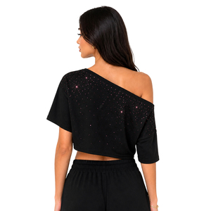 Fashion 2026 <b>Rhinestone</b> Crop Cut Tee Custom Branding women's shirt Off-the-Shoulder Regular Fit T-Shirt Elegant Summer Sparkled - Product Image 2