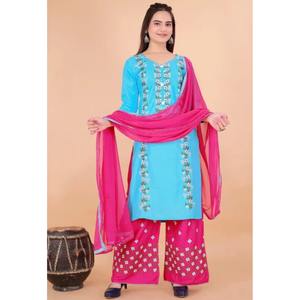 DISEÑADOR RAYON BORDADO MULTI TRABAJO TOP PALAZZO CON DUPATTA SKY - Product Image 1