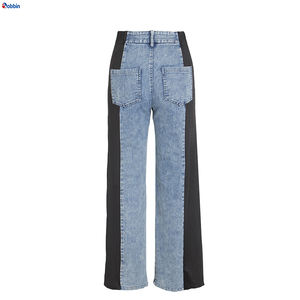 Pantalones de mezclilla de mujer de cintura alta con retazos, de pierna ancha y corte recto, con logo personalizado y franjas laterales, a la moda - Product Image 4