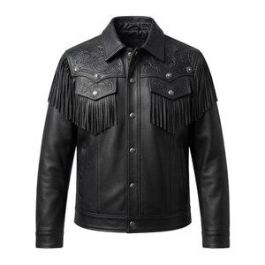 Rugged Men Western Leather <b>Jacket</b> With <b>Fringe</b> Detailing Embossed Design For Casual Cowboy Streetwear And Weekend Wear - Product Image 1