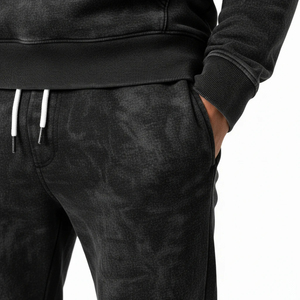 Custom Logo Black Acid Wash Tracksuit Men Heavyweight Fleece Hoodie and Jogger Set Streetwear Premium Vintage Black Acid Wash - Product Image 5