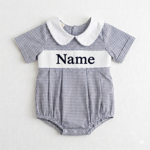 Combinaison personnalisée pour bébé garçon avec <span class=keywords><strong>nom</strong></span> et motif frère, salopette à carreaux avec col Peter Pan pour nouveau-né et nourrisson - Product Image 2