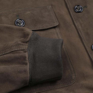 Men's Brown Suede Bomber <b>Jacket</b> Stand Collar Casual Autumn Regular Fit Button Closure Solid Color Woven Material - Product Image 6