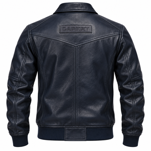 Blouson aviateur Darkry personnalisé pour homme en cuir véritable bleu marine, avec ourlet côtelé et col rabattable, manteau d'hiver style motard, vente en gros - Product Image 2
