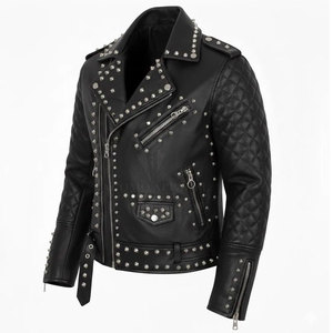 Veste en cuir d'hiver pour homme de haute qualité avec strass, style motard brillant, manches longues, fermeture éclair sur le devant, manteau de mode urbaine - Product Image 3
