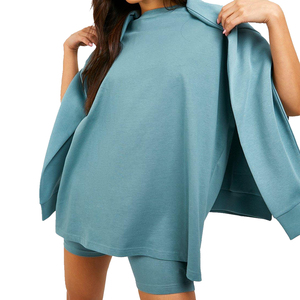 Ensemble 2 pièces tricoté pour femme, bleu, col rond, coupe ample, haut décontracté, longueur au-dessus du genou, usage quotidien, printemps-été, couleur unie - Product Image 3
