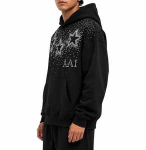 เสื้อฮู้ดดี้คุณภาพสูง ผ้าฝ้าย 100% 400gsm ประดับคริสตัลแบบ Hotfix สไตล์ Y2K ลายดาว  ทรงหลวม  สำหรับผู้ชาย ใส่ในฤดูหนาว - Product Image 4