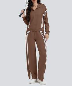 Conjuntos deportivos de alta calidad para mujer, conjunto de sudadera con cremallera, pantalones de jogging de pierna ancha con rayas en contraste, traje deportivo de viaje - Product Image 4