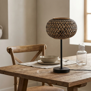 Modern HandWoven Bamboo <b>Table</b> Lamp, Pattern Desk Lamp with Metal Base, Creative Natural <b>Bedside</b> Lighting for Contemporary Home - Product Image 4
