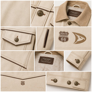 Veste en cuir pour homme Cream Desert, col rabattu, patch brodé Route 66, style décontracté pour l'automne - Product Image 5