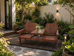 TACASA Durable Outdoor Modern Solid Wood <b>Garden</b> <b>Bench</b> <b>with</b> Center <b>Table</b> for Patio, Park, Hotel, Villa, Courtyard & Farmhouse - Product Image 1
