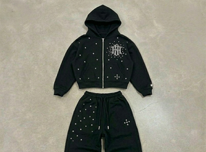 Ensemble de survêtement de luxe personnalisé, coupe oversize, en coton de haute qualité, noir uni à pois, effet délavé à l'acide, avec sweat à capuche zippé et pantalon de jogging, deux pièces, hiver - Product Image 3