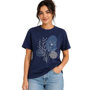 เสื้อยืดคอกลมสีน้ำเงินกรมท่าพิมพ์ลายดอกไม้สำหรับผู้หญิง สวมใส่สบาย ระบายอากาศได้ดี เหมาะสำหรับฤดูร้อน รับผลิตตามแบบ OEM แฟชั่นเสื้อยืด - Product Image 1