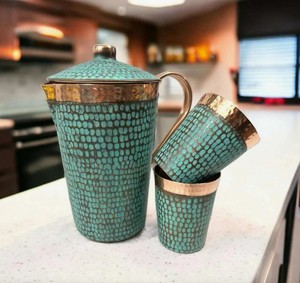 Ensemble de gobelets en cuivre Areeb, finition patine, style bohème antique, grande capacité, avec couvercles et poignée - Product Image 4