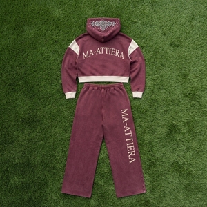 Custom Women Acid Wash Burgundy Color Block <b>Cropped</b> Hoodie Wide Leg <b>Jogger</b> Set Cotton Fleece Tracksuit OEM Wholesale - Product Image 6