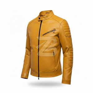 Chaqueta de cuero genuino para hombre Zarina Wear, color amarillo mostaza, estilo motero, con cuello alto y cremallera, OEM. - Product Image 2