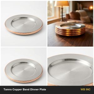 Assiette à dîner artisanale en acier satiné SS304 avec bordure en cuivre, 27 cm, bande en cuivre Tamra pour la décoration de la maison, utilisation hôtelière, style design moderne - Product Image 6