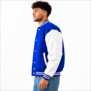 Blue White Contrast Knitted Varsity <b>Jacket</b> Full Sleeve Button Collar Regular Fit <b>Spring</b> Wear <b>Women</b> Award Varsity - Product Image 2