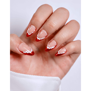 Uñas Postizas Metálicas Doradas con Estampado Rojo Helios, 24 Piezas, Tamaño Mediano, Forma de Almendra, ABS, Marca Personalizada, Certificación MSDS, Uso en Salón de Uñas - Product Image 1