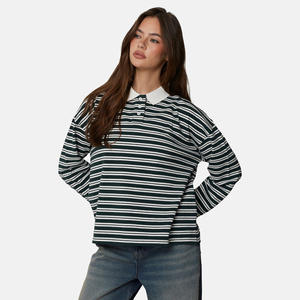 Polo à manches longues rayé pour femme, tricoté, décontracté, motif vert et blanc, longueur normale, manches complètes - Product Image 4