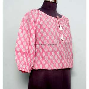 เสื้อครอปสไตล์อินเดียวินเทจสำหรับฤดูร้อน ผ้าฝ้าย 100% พิมพ์ลายดอกไม้ดิจิทัล คอกลม แขนพอง เป็นมิตรกับสิ่งแวดล้อม ระบายอากาศได้ดี สำหรับผู้หญิง - Product Image 4