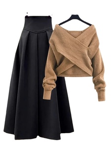 Automne hiver deux pièces ensembles pour femmes tenues bureau dames élégant croix tricot porte pull pull et taille haute jupes ensembles - Product Image 2