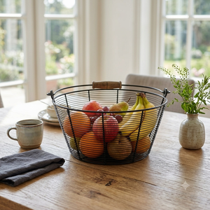Grand panier à fruits en fil métallique noir avec poignée en bois, organisateur de rangement pour comptoir de cuisine, bol à fruits décoratif, décoration intérieure - Product Image 4