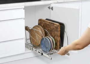 Organizador extraíble de 3 niveles de acero inoxidable para tablas de cortar, platos y tapas de ollas con deslizadores metálicos para almacenamiento - Product Image 2