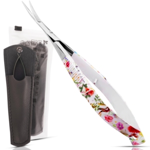 Tijeras para Cejas y Pestañas HARBOR INDUSTRY con Hoja Curva y Estampado Floral, para Diestros, de Alta Calidad, Acero Japonés VG10, con Funda de Cuero - Product Image 1