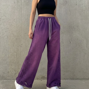 Custom Sun Faded Vintage Washed 100% Cotton Terry Distressed Straight Leg Baggy Side Rhinestone Sweatpants Men with <b>String</b> - Product Image 1