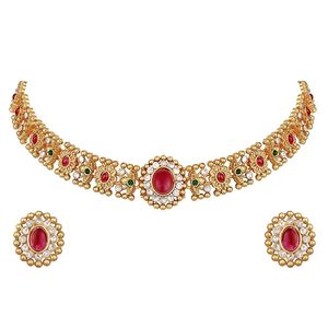 Parure Collier Ras-du-Cou et Boucles d'Oreilles Géométriques en Laiton Plaqué Or Rose, Zircon et Perles d'Imitation Certifiées, Bijoux Ethniques de Mariage pour Femme - Product Image 4