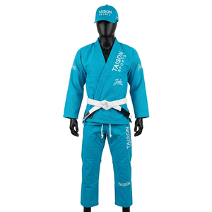 Kimono de BJJ en coton tissé perlé 450 GSM de qualité supérieure, bleu, avec empiècements contrastants, broderie personnalisée et logo tissé. - Product Image 3