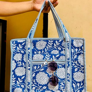 Sac fourre-tout en coton brodé bleu pour femme, motif floral bohème, fermeture éclair, sac à bandoulière quotidien - Product Image 3