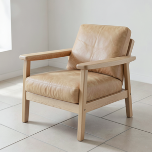 Fauteuil en cuir de vache véritable de qualité supérieure, structure en bois massif, fauteuil lounge moderne, revêtement en cuir de vache véritable, meubles pour salon - Product Image 1
