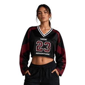 Maillot de football américain court à manches longues pour femme, color block, avec impression personnalisée de numéro et de logo, 100 % polyester, streetwear, vente en gros - Product Image 1