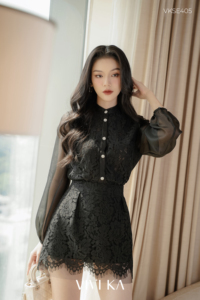 VIKA Women's <b>Black</b> Floral Lace 2-Piece Long Set Turn-down Collar Sheer Long Sleeve Short Mini <b>Skirt</b> Breathable Casual Elegant - Product Image 4