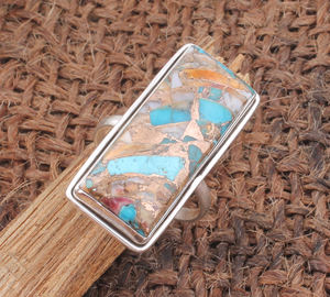 Bague rectangulaire en turquoise cuivrée naturelle de haute qualité, argent sterling 925, bijoux géométriques bohèmes en pierres précieuses pour femmes - Product Image 3