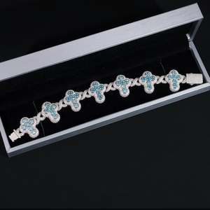 Pulsera de Plata 925 con Baño de Rodio, Diseño de Flor Estilo Hiphop de Lujo, con Cadena de Eslabones y Cristales Azules para Mujer, Uso Diario - Product Image 1