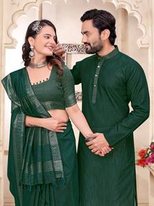 Ensemble de vêtements traditionnels pour couple comprenant un kurta en lin pour homme et un sari ethnique pour femme - Product Image 4