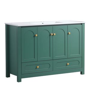 Mobile Bagno Verde da 48 Pollici con 4 Ante a Chiusura Ammortizzata, 2 Cassetti, Ampio Spazio di Archiviazione e Lavabo in Ceramica Integrato - Product Image 6