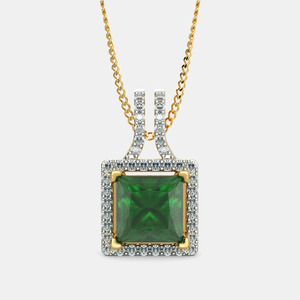 Yellow Gold Princess Cut <b>Emerald</b> Halo Lab Grown Diamond <b>Pendant</b> Necklace - Product Image 1