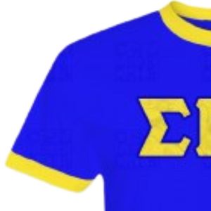 เสื้อยืด Sigma Gamma Rho สีน้ำเงิน เหลือง ดำ ลายตัวอักษรผ้าซาติน สำหรับผู้หญิง ชมรมพี่น้องชาวกรีก แต่งขอบตัดกัน แขนสั้น สไตล์ลำลอง สำหรับวิทยาลัย - Product Image 2