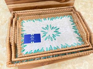 2026 MOST WANTED Plateau de rangement moderne en rotin, design tressé fait main, motif Lotus Bleu, Modèle Aaron, Rectangulaire/Rond, pour salon et coiffeuse - Product Image 2