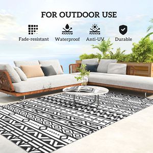 Tappeto da Esterno Reversibile Bianco e Nero con Motivi Geometrici 6FT X 9FT, Impermeabile in Plastica Intrecciata con Borsa per il Trasporto - Product Image 6