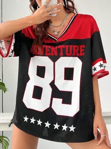 เสื้อยืดโอเวอร์ไซส์สไตล์สปอร์ตสำหรับผู้หญิงลายพิมพ์ตัวอักษรแบบโปร่งสไตล์สตรีทแฟชั่นฤดูร้อน - Product Image 2