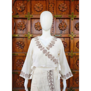 Top Informal Premium Estilo Boho Chic, Tejido en Algodón, Corte Regular, Manga Kimono, Cuello en V, Cordón Ajustable, Verano, ODM - Product Image 1