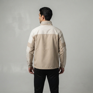 <b>Men</b> Beige <b>Cream</b> Color Block Hooded Windbreaker <b>Jacket</b> Full Zip Outdoor Sports <b>Jacket</b> with Multiple Zip Pockets - Product Image 2