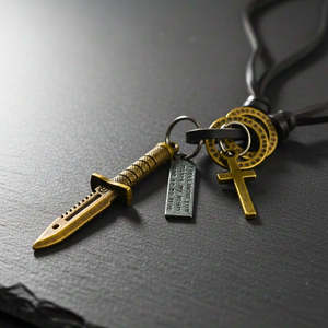 Fashion Pendant Necklace 2.5-Inch Pure Stainless Steel Knight Golden Sword with Adjustable Leather Rope for Men & Boys - Product Image 5
