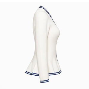 Cardigan en tricot blanc ZPB avec bordure bleue, col en V, manches longues, style classique, fermeture boutonnée sur toute la longueur, à porter en toutes saisons - Product Image 3