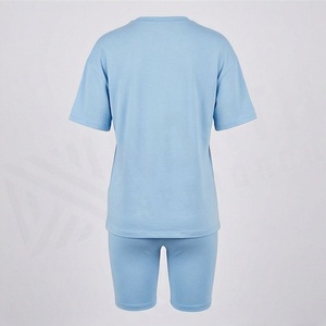 Conjunto de 2 Piezas para Mujer, Camiseta de Manga Corta Azul Claro y Pantalones Cortos por Encima de la Rodilla, Estilo Casual, Holgado, Tejido de Algodón y Elastano, Primavera, Talla S - Product Image 2